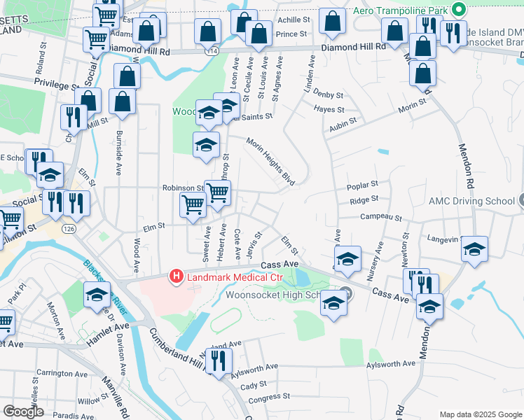 map of restaurants, bars, coffee shops, grocery stores, and more near in Woonsocket