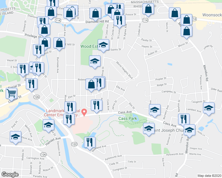 map of restaurants, bars, coffee shops, grocery stores, and more near 61 Rutland Street in Woonsocket