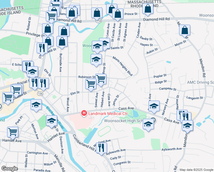 map of restaurants, bars, coffee shops, grocery stores, and more near 61 Rutland Street in Woonsocket