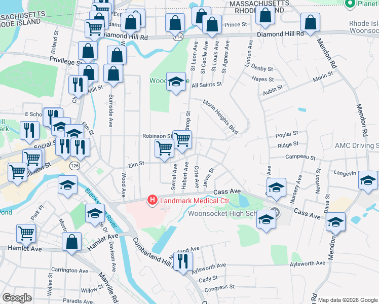 map of restaurants, bars, coffee shops, grocery stores, and more near 76 Winthrop Street in Woonsocket