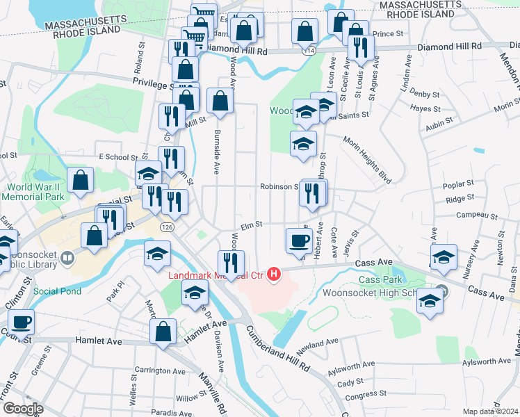 map of restaurants, bars, coffee shops, grocery stores, and more near 92 Progresso Avenue in Woonsocket