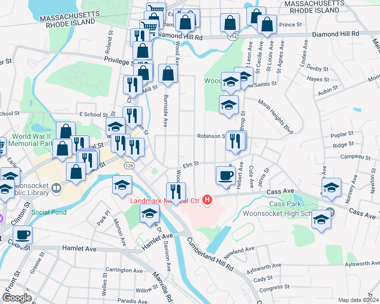 map of restaurants, bars, coffee shops, grocery stores, and more near 275 Wood Avenue in Woonsocket