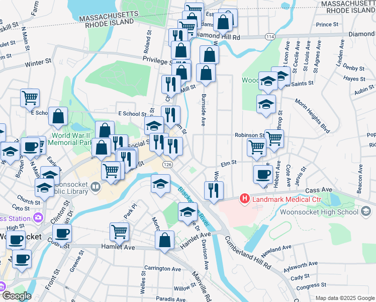 map of restaurants, bars, coffee shops, grocery stores, and more near 113 Elm Street in Woonsocket