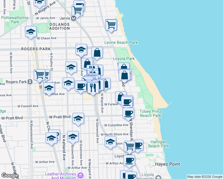 map of restaurants, bars, coffee shops, grocery stores, and more near 1215 West Lunt Avenue in Chicago