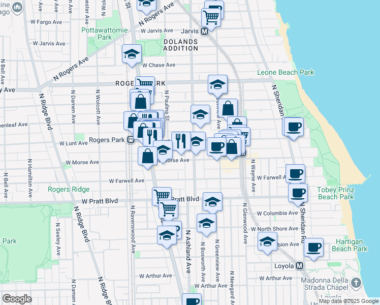map of restaurants, bars, coffee shops, grocery stores, and more near 1605 West Lunt Avenue in Chicago