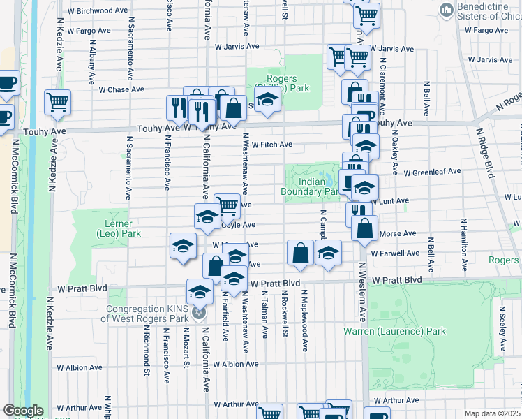 map of restaurants, bars, coffee shops, grocery stores, and more near 2624 West Lunt Avenue in Chicago