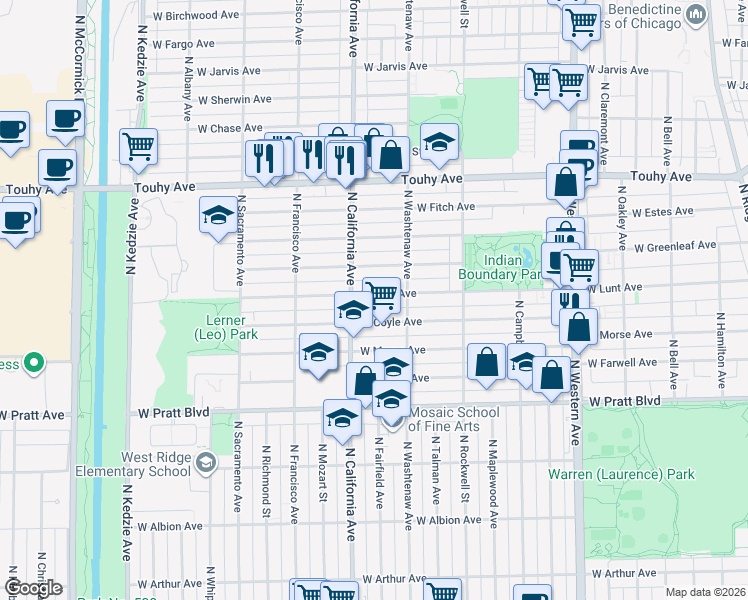 map of restaurants, bars, coffee shops, grocery stores, and more near 2737 West Greenleaf Avenue in Chicago