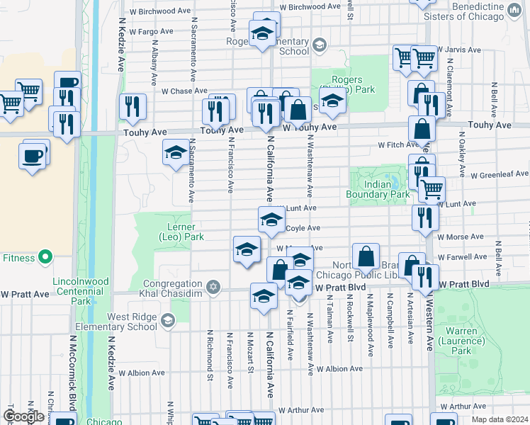 map of restaurants, bars, coffee shops, grocery stores, and more near in Chicago