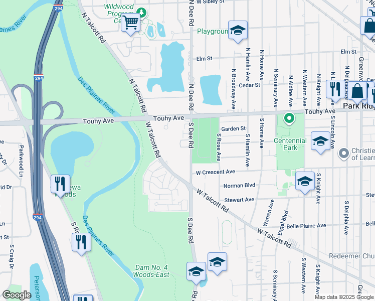 map of restaurants, bars, coffee shops, grocery stores, and more near 100 South Dee Road in Park Ridge