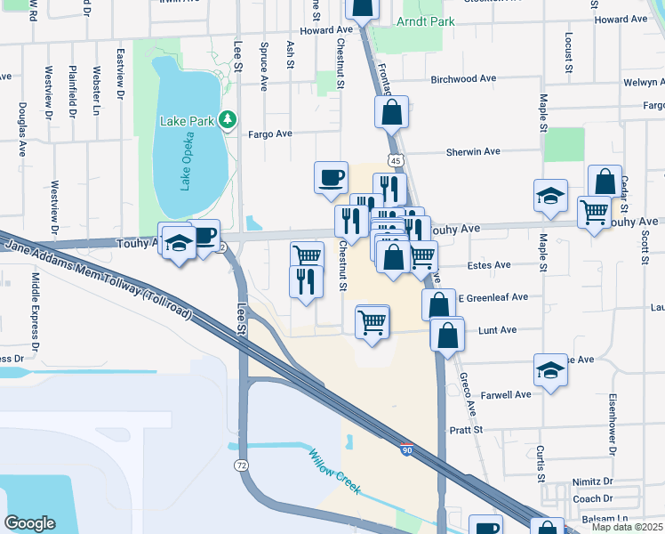map of restaurants, bars, coffee shops, grocery stores, and more near 10431 East Touhy Avenue in Rosemont