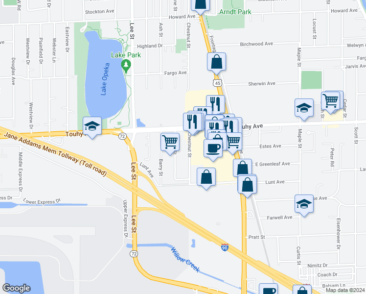 map of restaurants, bars, coffee shops, grocery stores, and more near 10431 East Touhy Avenue in Rosemont