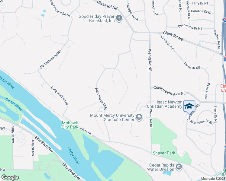 map of restaurants, bars, coffee shops, grocery stores, and more near 3115 Blue Ridge Court Northeast in Cedar Rapids