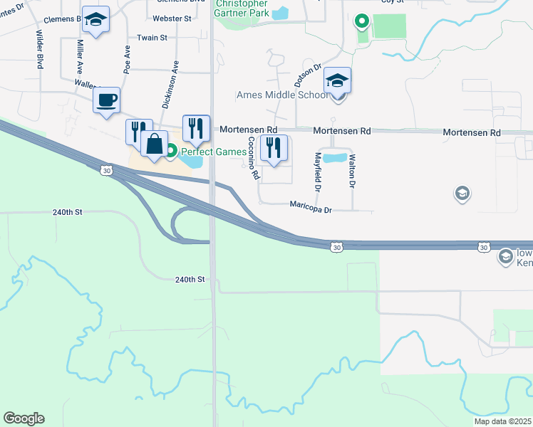 map of restaurants, bars, coffee shops, grocery stores, and more near 4335 Maricopa Drive in Ames
