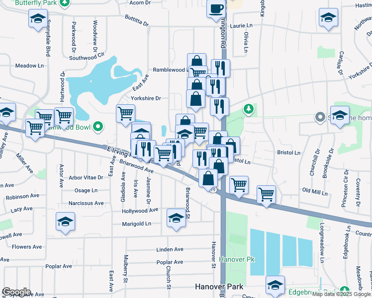 map of restaurants, bars, coffee shops, grocery stores, and more near 7630 Barrington Road in Hanover Park