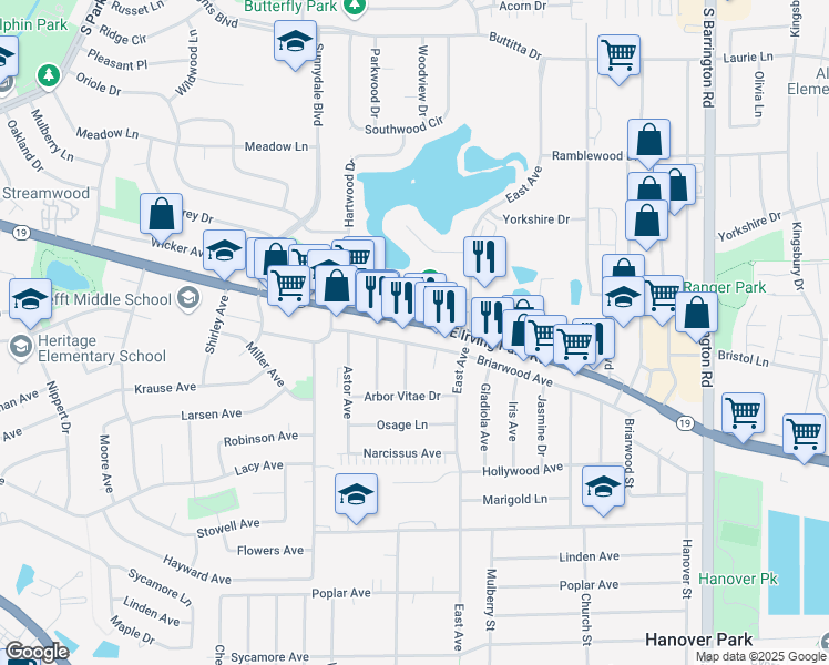 map of restaurants, bars, coffee shops, grocery stores, and more near 1054-1238 West Irving Park Road in Streamwood