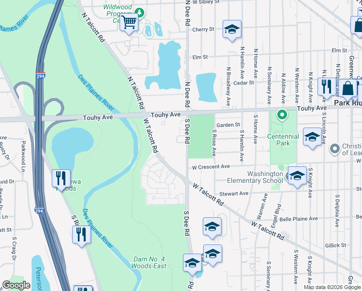 map of restaurants, bars, coffee shops, grocery stores, and more near 116 South Dee Road in Park Ridge