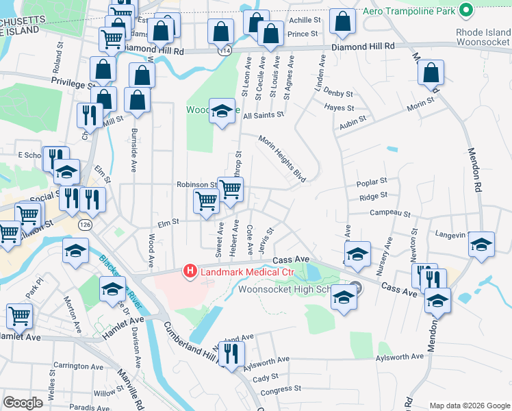 map of restaurants, bars, coffee shops, grocery stores, and more near 61 Rutland Street in Woonsocket