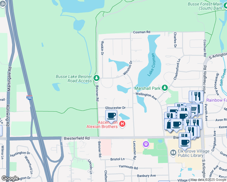 map of restaurants, bars, coffee shops, grocery stores, and more near 800 Pahl Road in Elk Grove Village