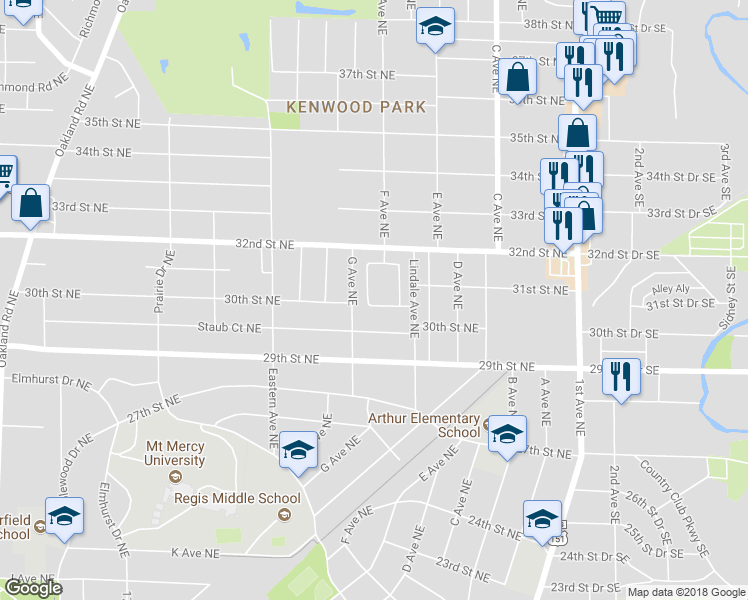 map of restaurants, bars, coffee shops, grocery stores, and more near 708 Tiffany Drive Northeast in Cedar Rapids