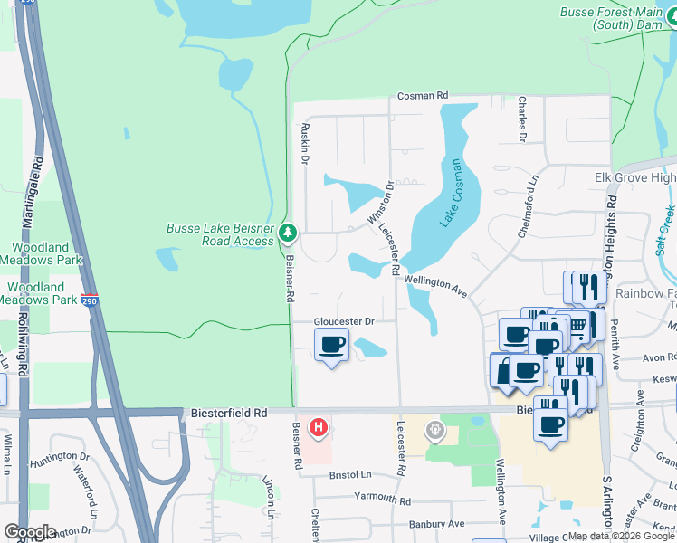 map of restaurants, bars, coffee shops, grocery stores, and more near 800 Pahl Road in Elk Grove Village