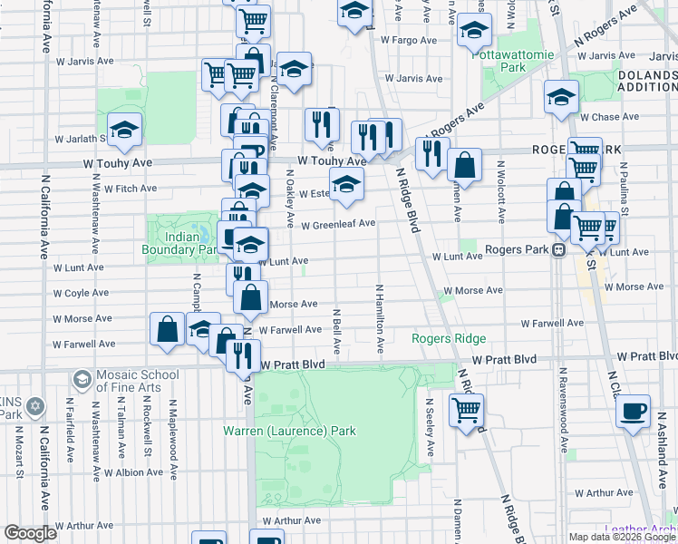 map of restaurants, bars, coffee shops, grocery stores, and more near 6967 North Bell Avenue in Chicago