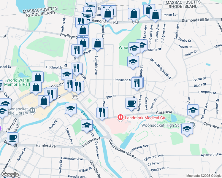 map of restaurants, bars, coffee shops, grocery stores, and more near 216 Dulude Avenue in Woonsocket