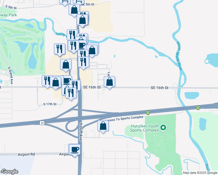 map of restaurants, bars, coffee shops, grocery stores, and more near 423 Southeast 16th Street in Ames
