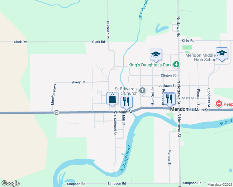 map of restaurants, bars, coffee shops, grocery stores, and more near in Mendon