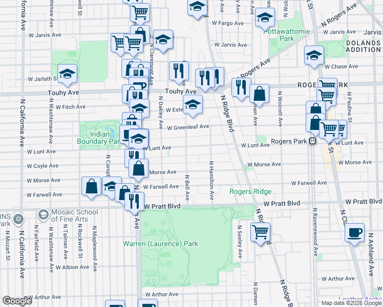 map of restaurants, bars, coffee shops, grocery stores, and more near 2134 West Lunt Avenue in Chicago