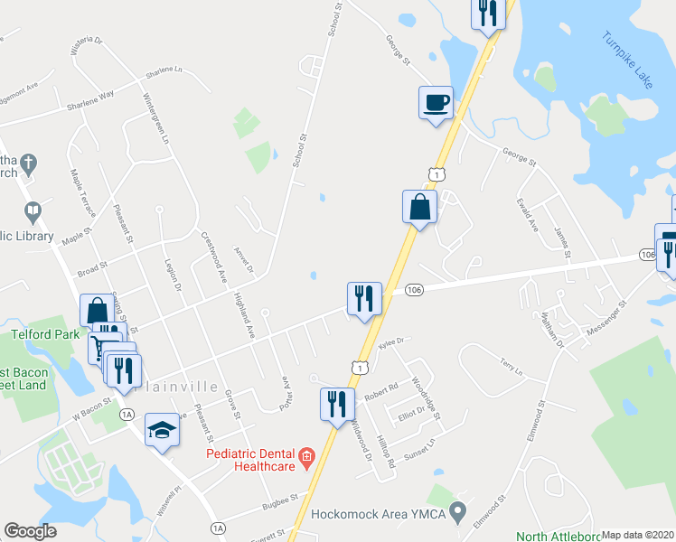 map of restaurants, bars, coffee shops, grocery stores, and more near 120 East Bacon Street in Plainville