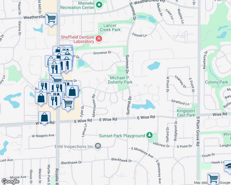 map of restaurants, bars, coffee shops, grocery stores, and more near 950 Brunswick Circle in Schaumburg