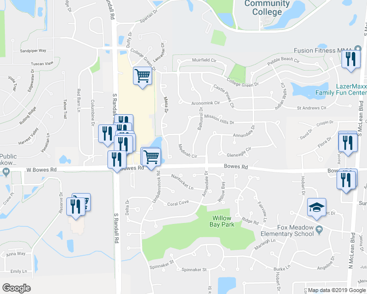 map of restaurants, bars, coffee shops, grocery stores, and more near 2040 Medinah Circle in Elgin