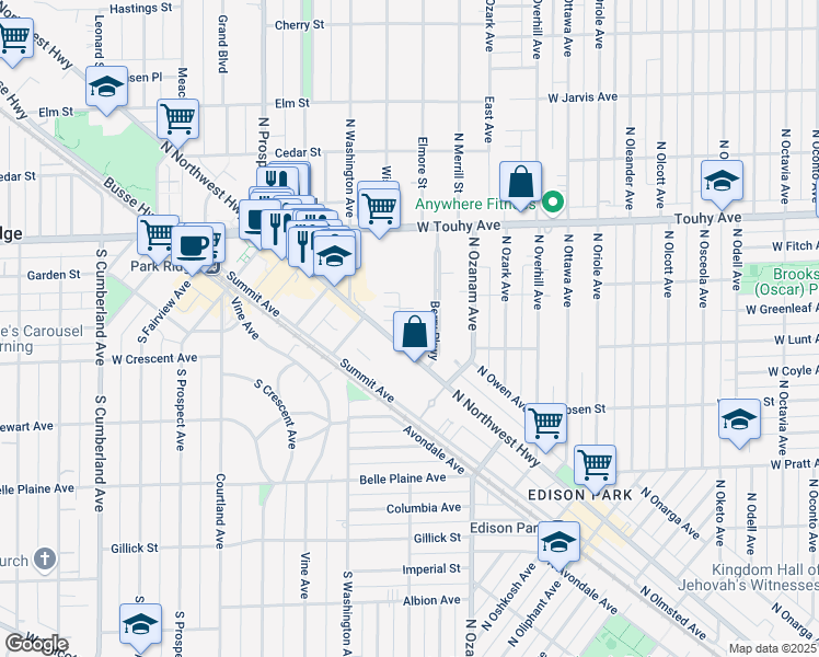 map of restaurants, bars, coffee shops, grocery stores, and more near 132 Berry Parkway in Park Ridge