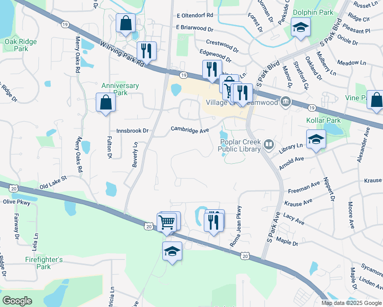 map of restaurants, bars, coffee shops, grocery stores, and more near 205 Locksley Drive in Streamwood