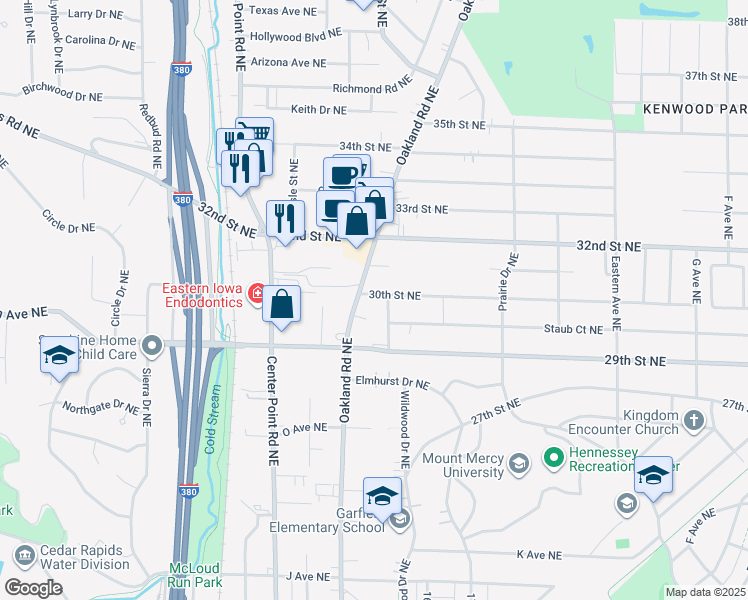 map of restaurants, bars, coffee shops, grocery stores, and more near 3019-3025 Oakland Road Northeast in Cedar Rapids