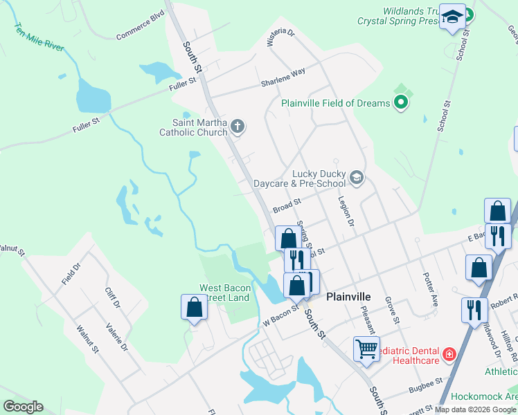map of restaurants, bars, coffee shops, grocery stores, and more near 186 South Street in Plainville