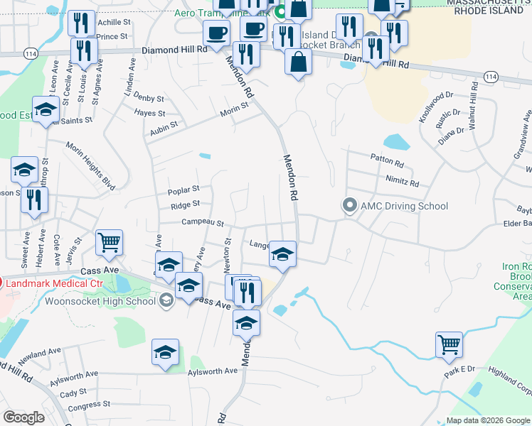 map of restaurants, bars, coffee shops, grocery stores, and more near 152 Bourassa Avenue in Woonsocket