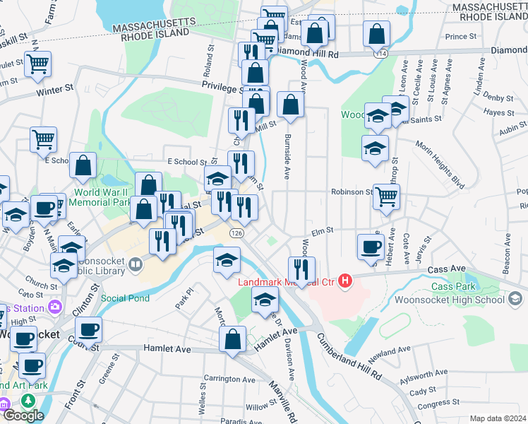 map of restaurants, bars, coffee shops, grocery stores, and more near 113 Elm Street in Woonsocket