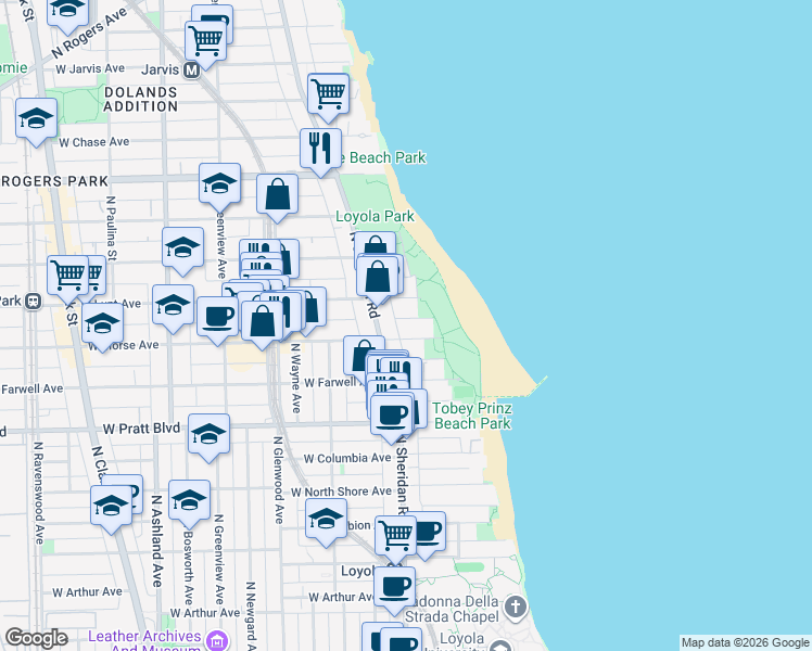 map of restaurants, bars, coffee shops, grocery stores, and more near 1111 West Lunt Avenue in Chicago