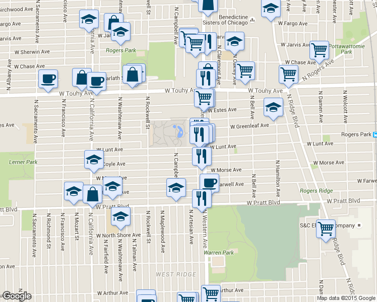map of restaurants, bars, coffee shops, grocery stores, and more near 2428 West Lunt Avenue in Chicago