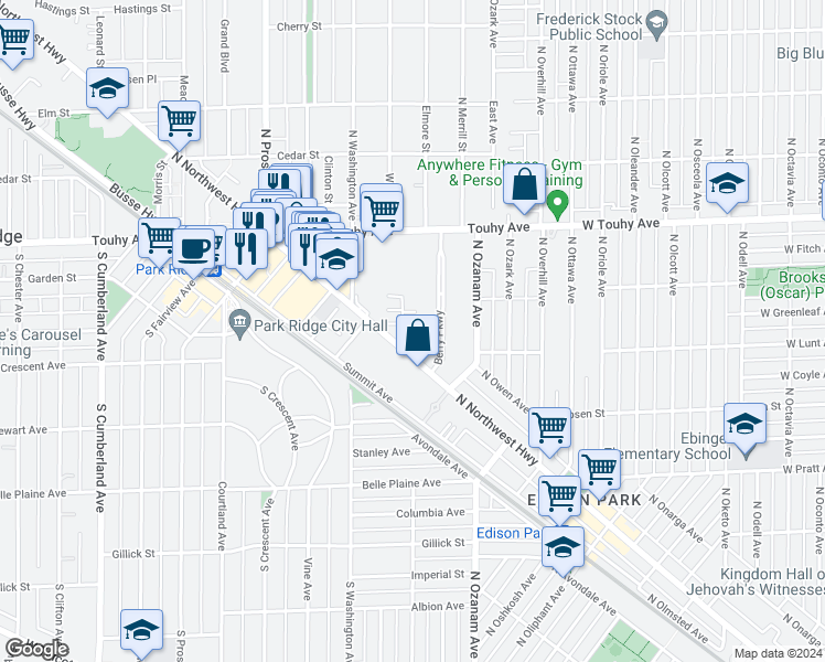 map of restaurants, bars, coffee shops, grocery stores, and more near 132 Berry Parkway in Park Ridge