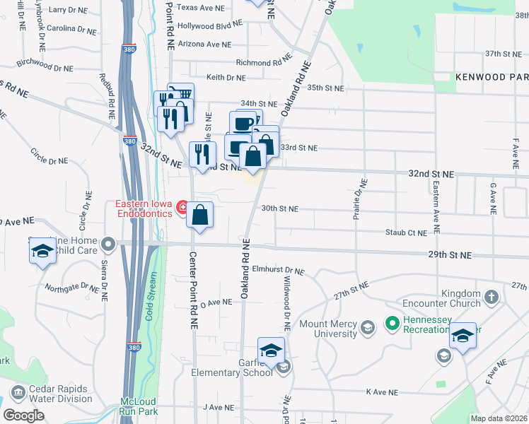 map of restaurants, bars, coffee shops, grocery stores, and more near 3019-3025 Oakland Road Northeast in Cedar Rapids