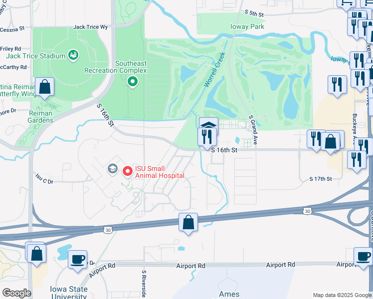 map of restaurants, bars, coffee shops, grocery stores, and more near 1125 16th St in Ames