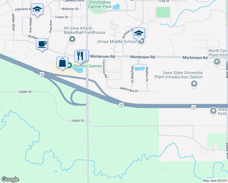 map of restaurants, bars, coffee shops, grocery stores, and more near 4335 Maricopa Drive in Ames