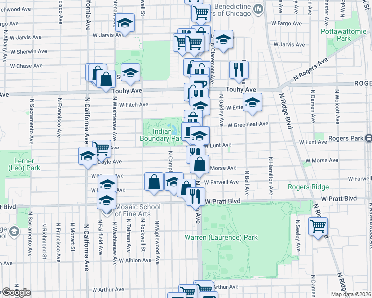 map of restaurants, bars, coffee shops, grocery stores, and more near 2423 West Lunt Avenue in Chicago