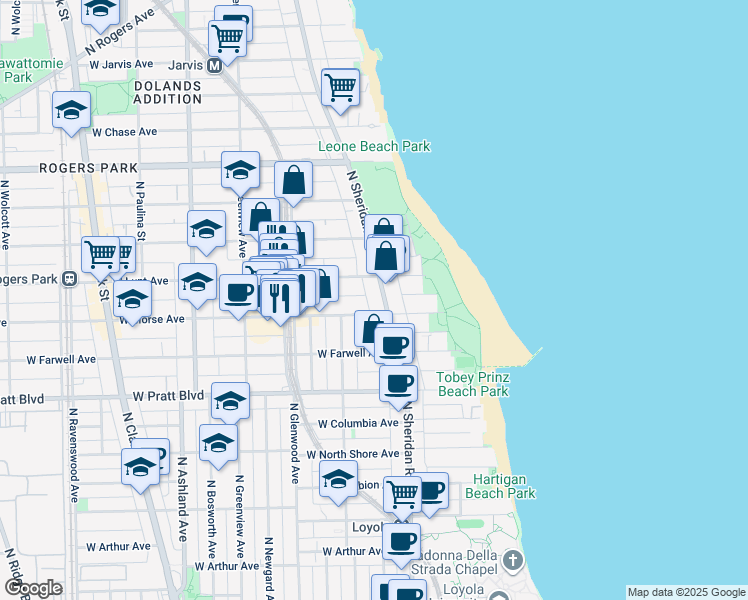 map of restaurants, bars, coffee shops, grocery stores, and more near 1215 West Lunt Avenue in Chicago