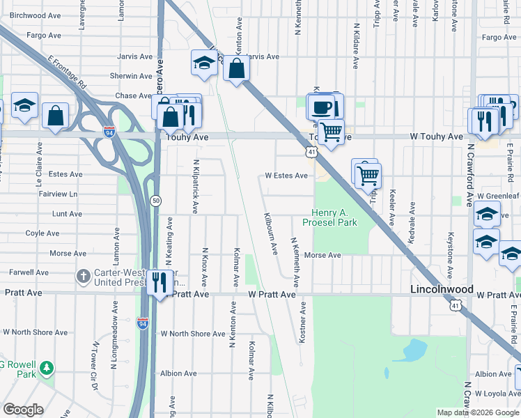map of restaurants, bars, coffee shops, grocery stores, and more near 7023 North Kilbourn Avenue in Lincolnwood