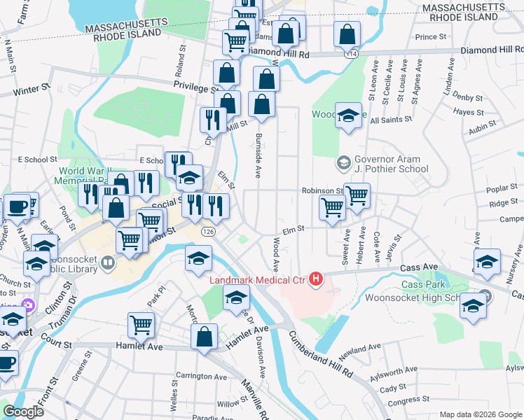 map of restaurants, bars, coffee shops, grocery stores, and more near 67 Burnside Avenue in Woonsocket
