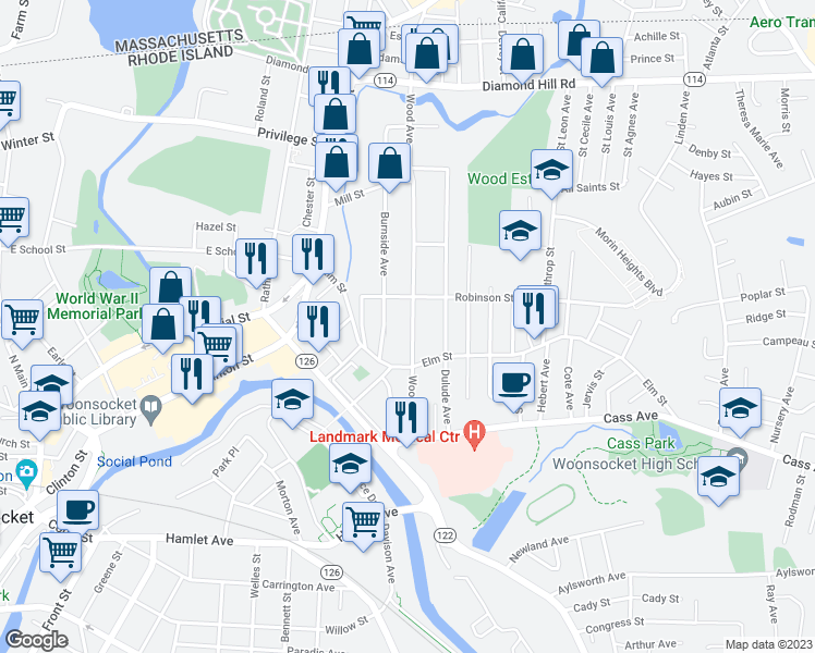 map of restaurants, bars, coffee shops, grocery stores, and more near 216 Wood Avenue in Woonsocket