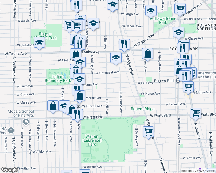 map of restaurants, bars, coffee shops, grocery stores, and more near 2139 West Lunt Avenue in Chicago